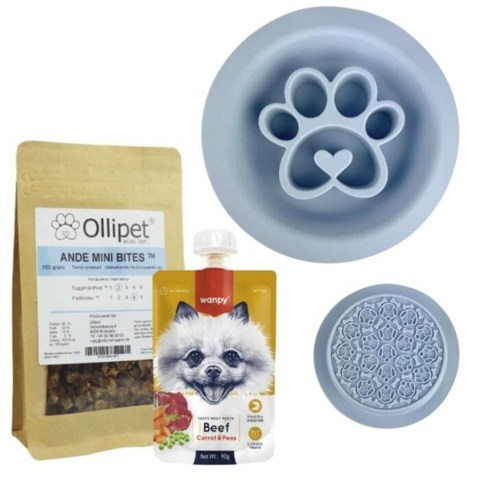 Et lækkert sæt med slikkeskål/slikkemåtte og 2 slags hundesnacks