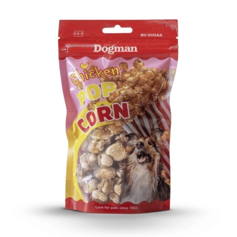 Smagfulde hundegodbidder formet som popcorn med kylling omkring - perfekt til fredagshyggen