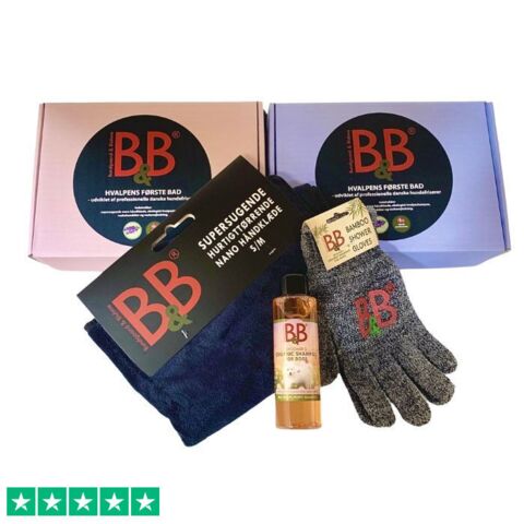 B&B sættet indeholder alt du skal bruge for at give din hundehvalp et mildt og nænsomt bad