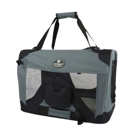 Flot grå transportkasse til hunde der tilbyder både komfort og stabilitet.