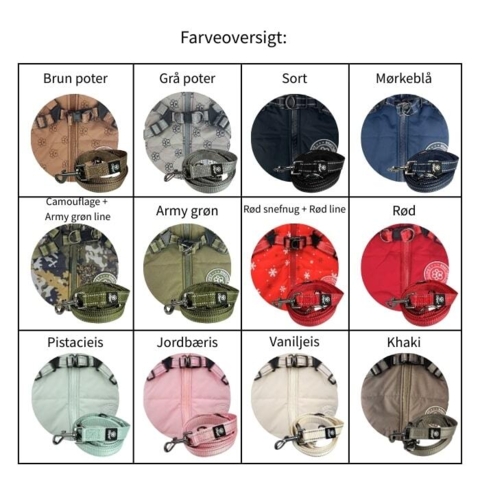 Overblik over hvilken farve snore der passer til de forskellige jakker. Alle jakkerne har smart indbygget sele.