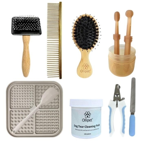 Det perfekte startsæt til pelspleje af din hvalp. Indeholder børster, kam, tandbørste, negleklipper, øjenpleje og slikkeplade
