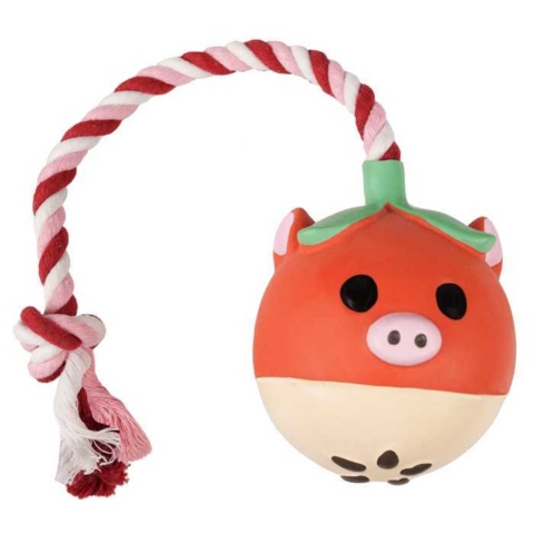 Hundelegetøj formet som en gris. Lavet af latex med reb og pivelyd