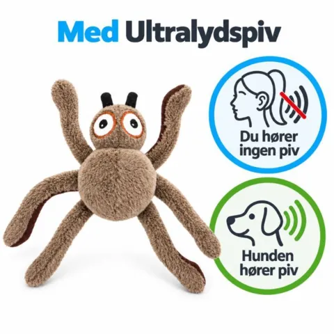 Hunden hører pivet – du slipper for de skarpe pivelyde. AFP edderkop kombinerer blødt plys med ultralydspiv til sjove legestunder.