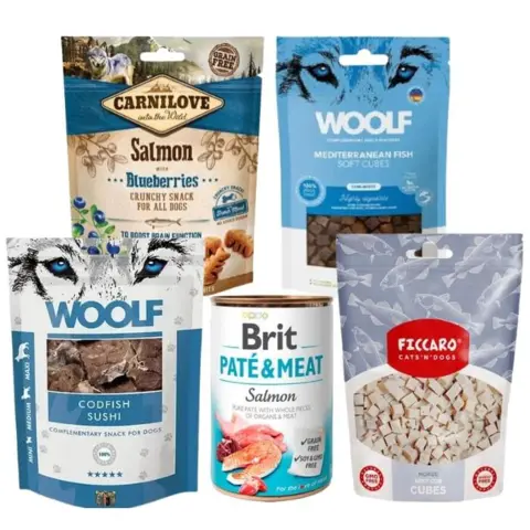 Lækre godbidder til din hund som elsker smagen af fisk. Godbidderne er fra mærkerne Ficcaro, Woolf, Carnilove og Brit