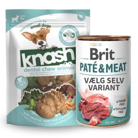 Lækkert vådfoder med dental snack til din hund.