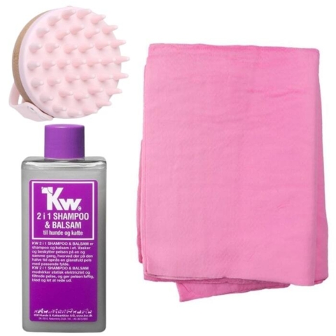 Smart sæt med håndklæde, massagebørste og 2i1 shampoo og balsam