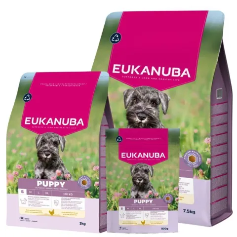 Eukanuba Grain Free Puppy hvalpefoder med havfisk fås i flere størrelser. Kornfri opskrift til små og mellemstore hvalpe størrelser