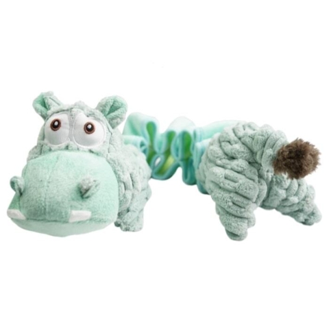Sjov hundebamse med elastik i midten. Her ses Happy Hippo som er klar til at lege.