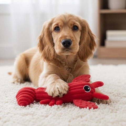 Blødt plyslegetøj til hunde formet som en hummer her sammen med en cocker spaniel