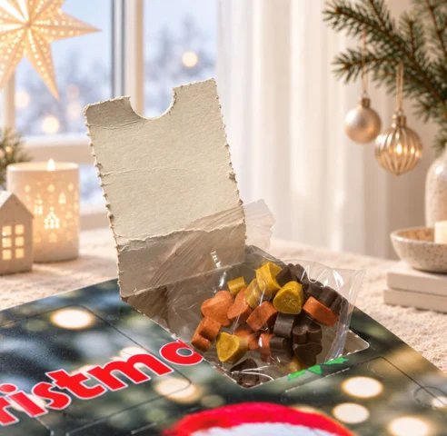 Populær julekalender med 24 poser med forskellige bløde godbidder