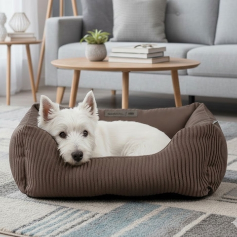 Flot hundeseng i 2 størrelser. Her 60 x 50 cm med en sød Westie