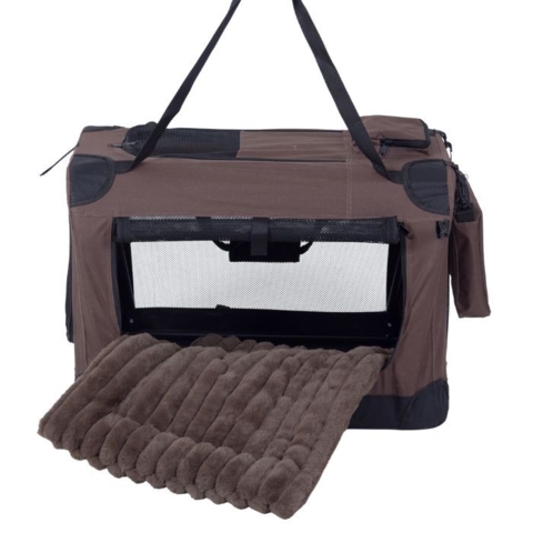 Hundetransporttaske i stof med mesh ventilation, bærestrop, opbevaringslomme og blødt hundetæppe