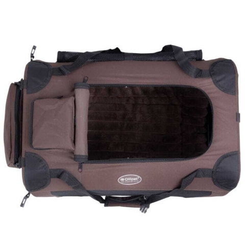 Ollipet deluxe transporttaske til hund i brun med netvindue, skulderstrop, sidelomme og udtageligt tæppe