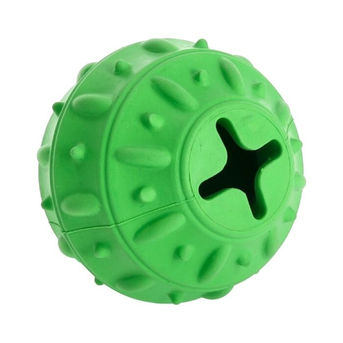 Aktivitetsbold i grøn gummi med struktureret overflade og godbidsgemme i midten