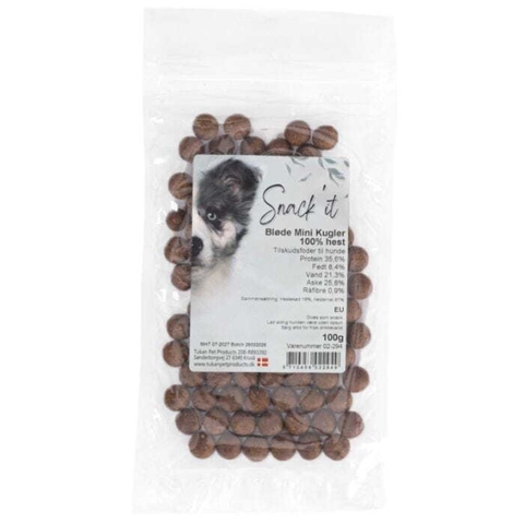 Bløde mini træningsgodbidder til hunde med hest fra Snack'it, singleprotein
