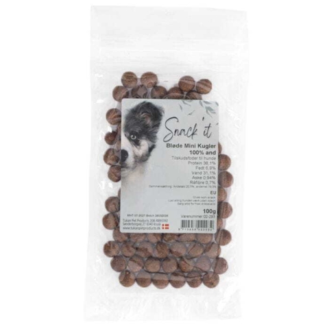 Bløde singleprotein hundegodbidder med and fra Snack'it, mini kugler på ca. 1 cm