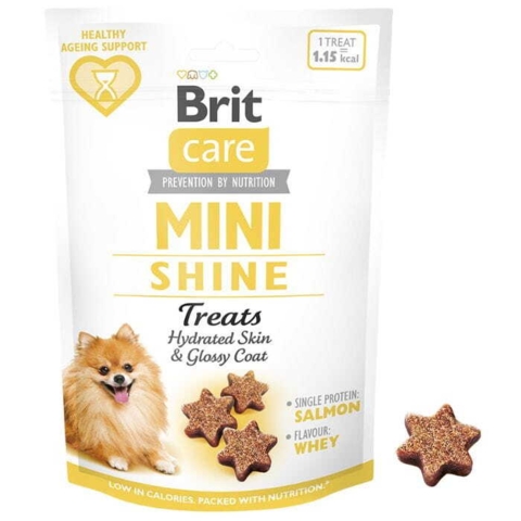 Brit Care Dog Mini Treats Shine 50g – bløde singleprotein hundegodbidder med laks, smag af valle og produceret i EU