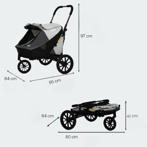Mål og dimensioner på Innopet Noah hundeklapvogn – kompakt sammenfoldet og stabil i fuld størrelse