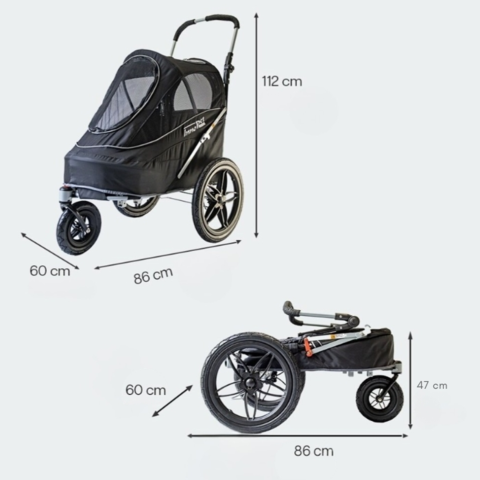 Her ses både udfoldet og sammenfoldet størrelse, så du nemt kan vurdere pladsbehov i hjem og bil