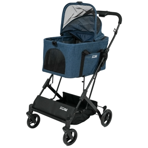 Pladsbesparende klapvogn til små hunde der nemt foldes sammen med én hånd