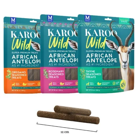 Eksklusiv serie hundegodbidder med antilopekød og aromatiske krydderurter. Kornfrie, proteinrige og fedtfattige snacks til kvalitetsbevidste hundeejere.