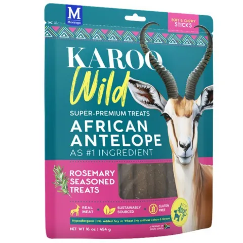 Kornfrie godbidder med antilopekød og rosmarin. Høj protein, fedtfattige og aromatiske soft chewy sticks – premium hundesnacks med krydderurter.