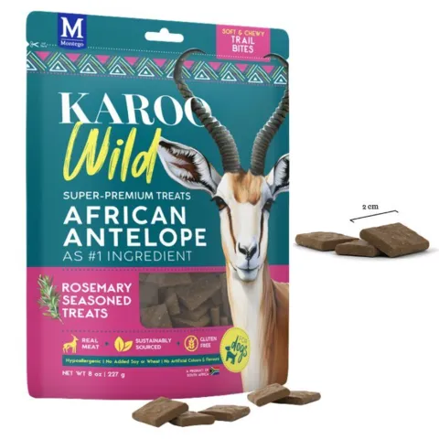 Kornfri hundesnack med super premium antilopekød og rosmarin som smagsgiver. KAROO Wild - Trail Bites Rosmarin 227g indeholder magert kød, har et højt proteinindhold og er fremstillet uden kunstige tilsætningsstoffer.