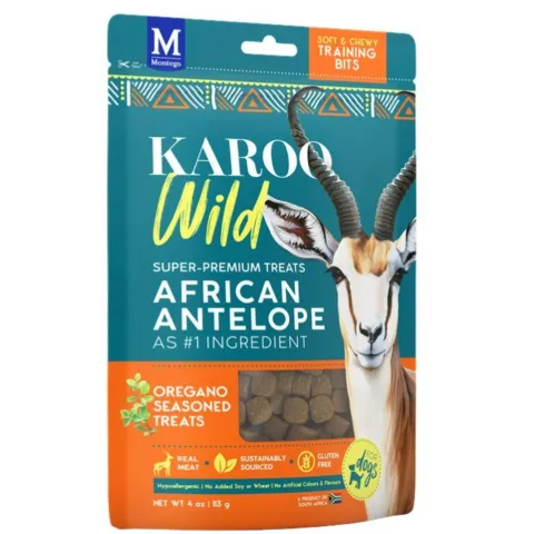 KAROO Wild Training Bites 113g er kornfrie hundegodbidder i praktisk 1 cm størrelse, fremstillet af magert antilopekød med højt proteinindhold og uden kunstige tilsætningsstoffer