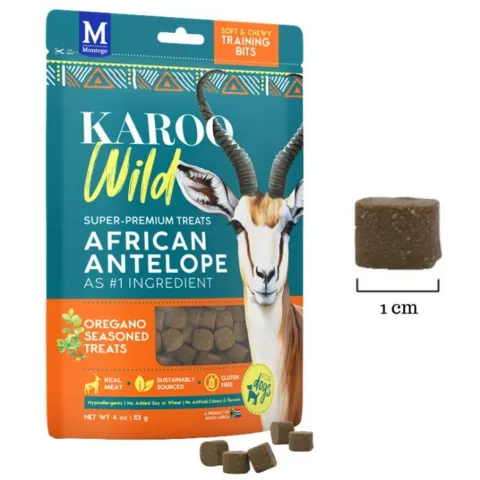 KAROO Wild Training Bites kombinerer kornfri opskrift og antilopekød i små 1 cm godbidder med naturlige krydderurter, højt proteinindhold og fedtfattig profil