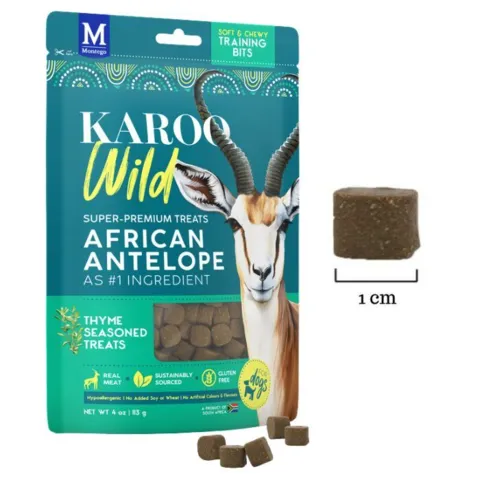 Små, bløde træningsgodbidder med antilopekød og krydderurter. Kornfri hundesnack med magert kød, højt proteinindhold og uden kunstige tilsætningsstoffer