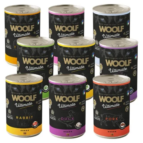 Woolf Ultimate vådfoder 400g i 9 kornfri varianter. Produceret i EU, lavet af frisk kød og slow-cooked for høj smagelighed. Kvalitetsvådfoder til hunde