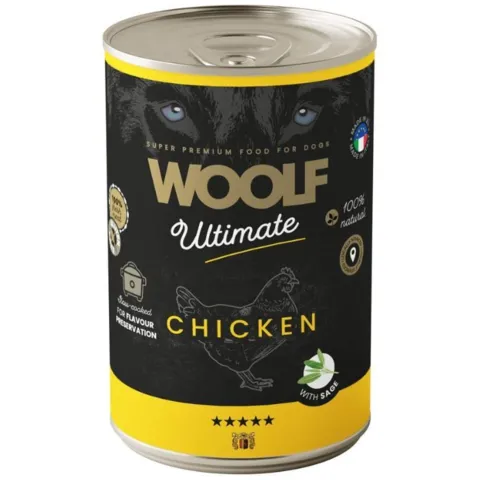 Woolf Ultimate Chicken with Sage vådfoder 400g er kornfrit hundefoder produceret i EU. Lavet af frisk kylling og slow-cooked for at bevare råvarernes naturlige egenskaber og sikre høj smagelighed