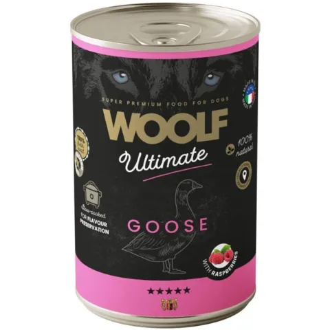 Woolf Ultimate Goose with Raspberries 400g er vådfoder til hunde lavet med frisk gås. Produceret i EU og skånsomt slow-cooked for at bevare råvarernes naturlige egenskaber