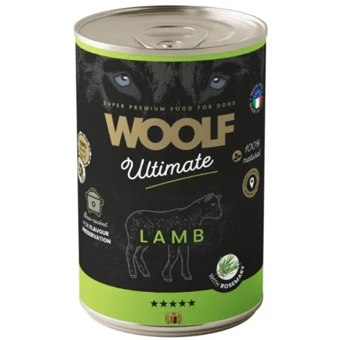 Woolf Ultimate Lamb with Rosemary 400g er kornfrit vådfoder med frisk lam. Produceret i EU og nænsomt tilberedt for at sikre høj smagelighed og en naturlig smagsoplevelse