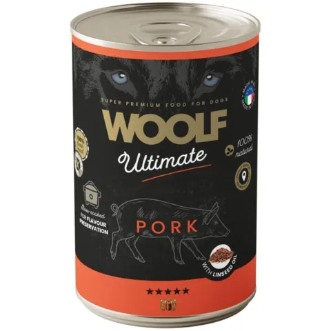 Woolf Ultimate Pork with Linseed Oil 400g er produceret i EU og lavet med frisk svinekød. Kornfri opskrift og slow-cooked for at bevare ingrediensernes naturlige kvalitet