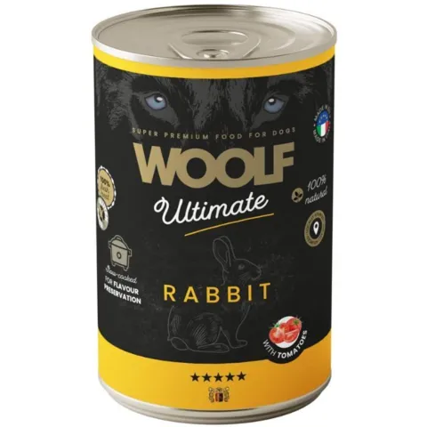 Woolf Ultimate Rabbit with Tomatoes 400g er kornfrit vådfoder med frisk kanin. Produceret i EU og tilberedt ved slow-cooking for at fremhæve den naturlige smag