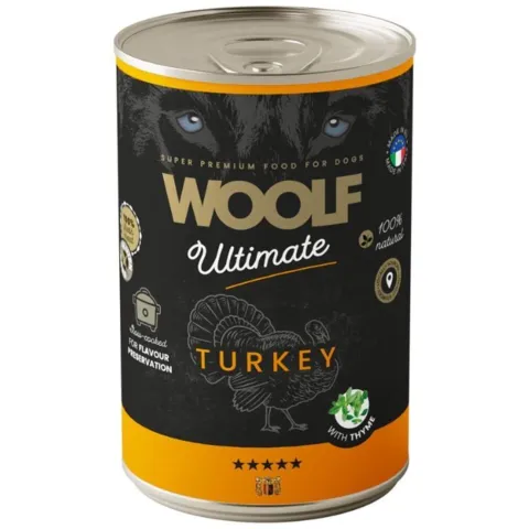 Woolf Ultimate Turkey with Thyme 400g er vådfoder til hunde med frisk kalkun. Produceret i EU og slow-cooked for at bevare råvarernes naturlige egenskaber og give høj smagelighed