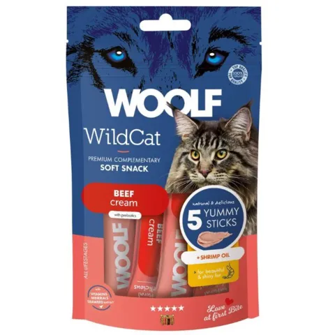 Woolf WildCat Cream 5 stk Beef & Shrimp Oil kattesnack i sticks
