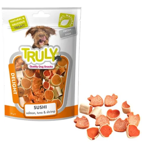 TRULY Dog Sushi 90g hundegodbidder med fisk i små sushi-inspirerede stykker. Fedtfattig hundesnack med 3 % fedt – ideel som belønning