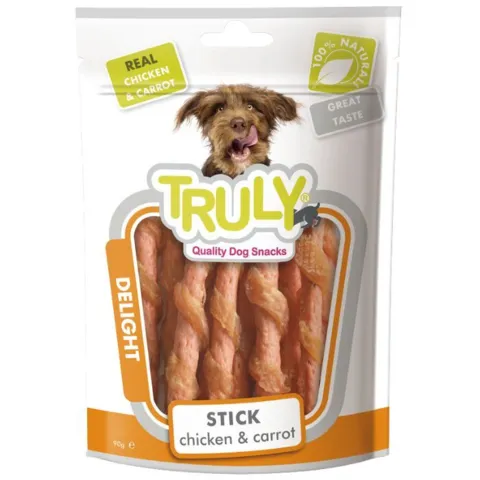 Truly Stick Chicken & Carrot hundegodbidder i snoede sticks med chewy konsistens og høj smagelighed