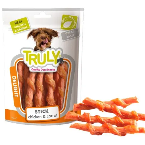 Pose med Truly Stick Chicken & Carrot hundesnack med kylling og grøntsager