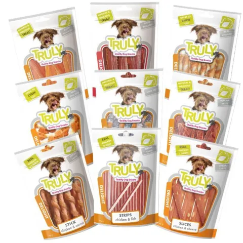 Truly Delight hundegodbidder mix med kylling, and og fisk i forskellige former
