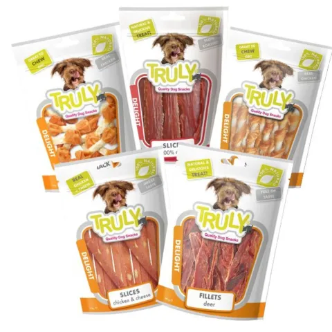 Pakketilbud med Truly Delight hundesnacks i flere varianter – alle med lavt fedtindhold under 4% og forskellige former