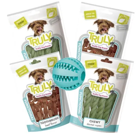 Mix af dental hundesnacks og aktiveringslegetøj fra Trixie – ideel kombination af snack og leg.
