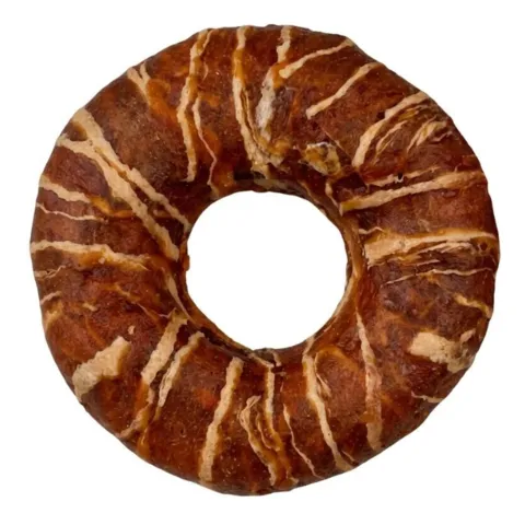 Flamingo tyggering til hund med kylling og torsk i donut form. Tilbyder længere tyggetid.