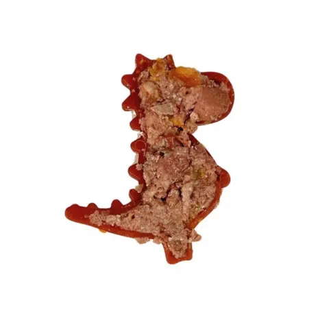 Rød vegetar Snack Dino fyldt med vådfoder i hul bagside