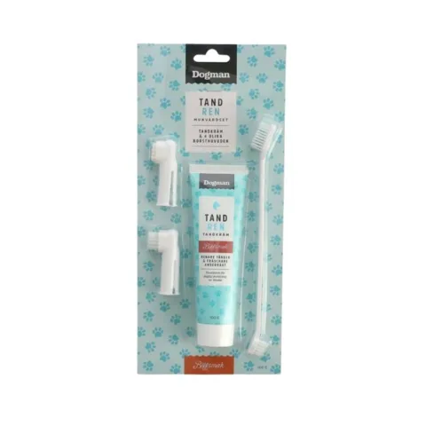 Tandplejesæt til hund fra Dogman med børstehoveder og tandpasta