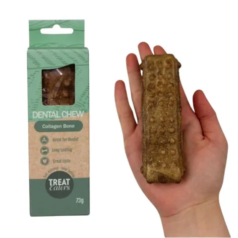 Treateaters collagen bone tyggeben til hund i størrelse vist i hånd