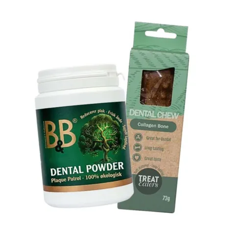 Kombination af B&B dentalpulver og tyggeben til hund tæt på